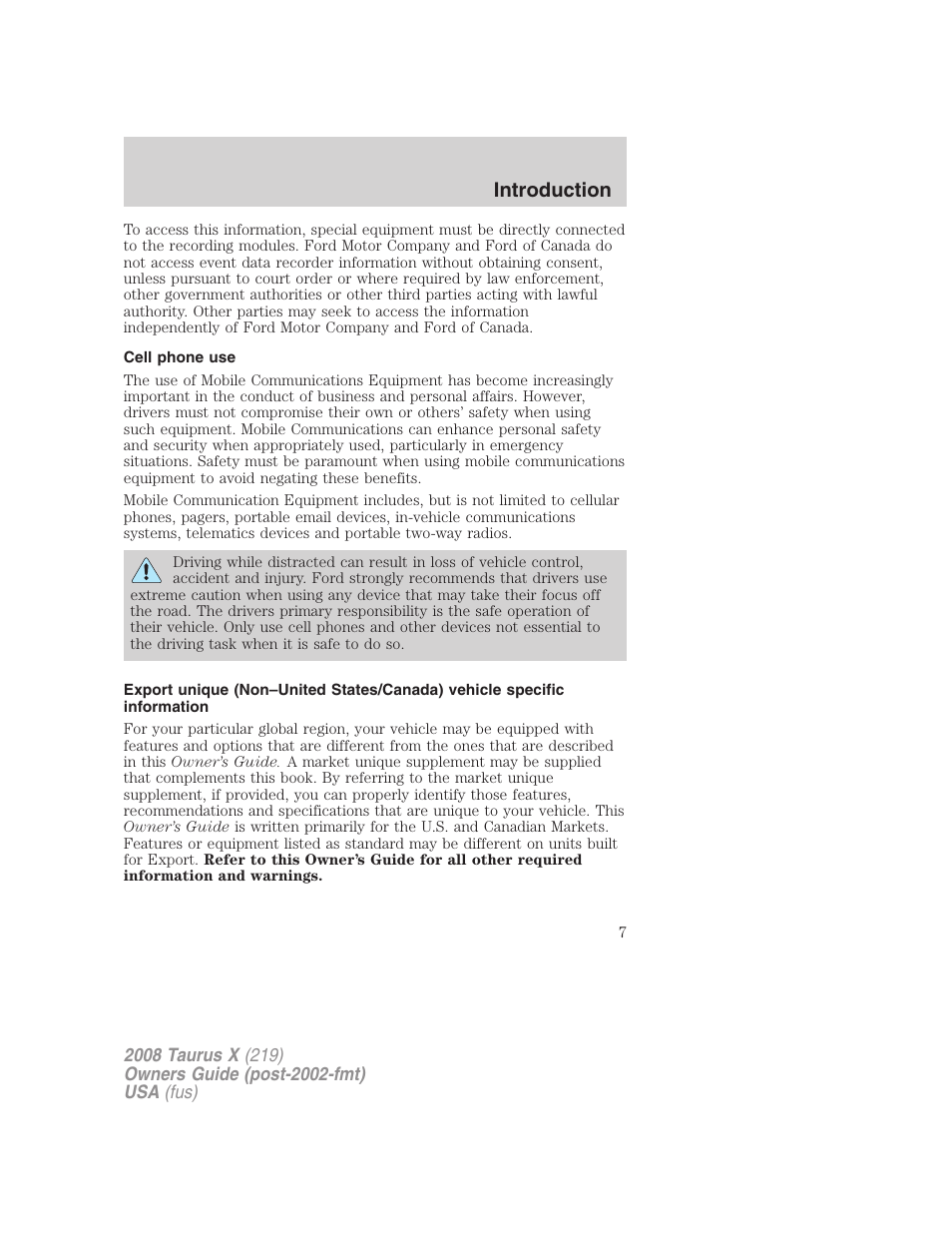 Cell phone use, Introduction | FORD 2008 Taurus X User Manual | Page 7 / 352