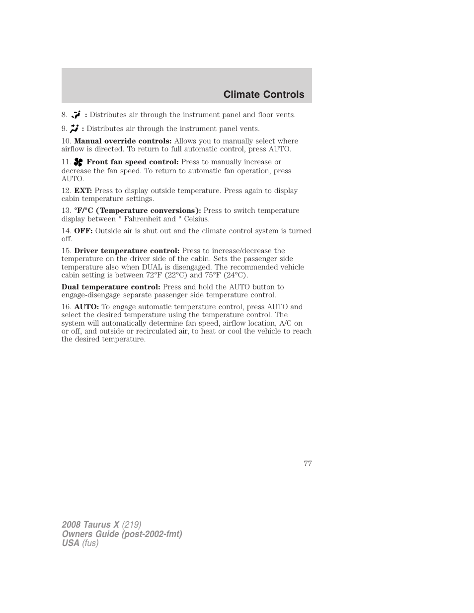 Climate controls | FORD 2008 Taurus X User Manual | Page 77 / 352