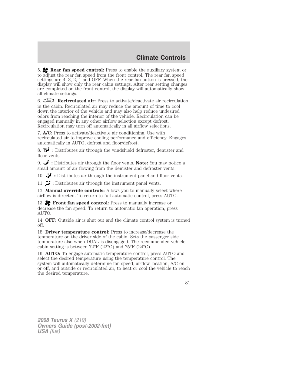 Climate controls | FORD 2008 Taurus X User Manual | Page 81 / 352