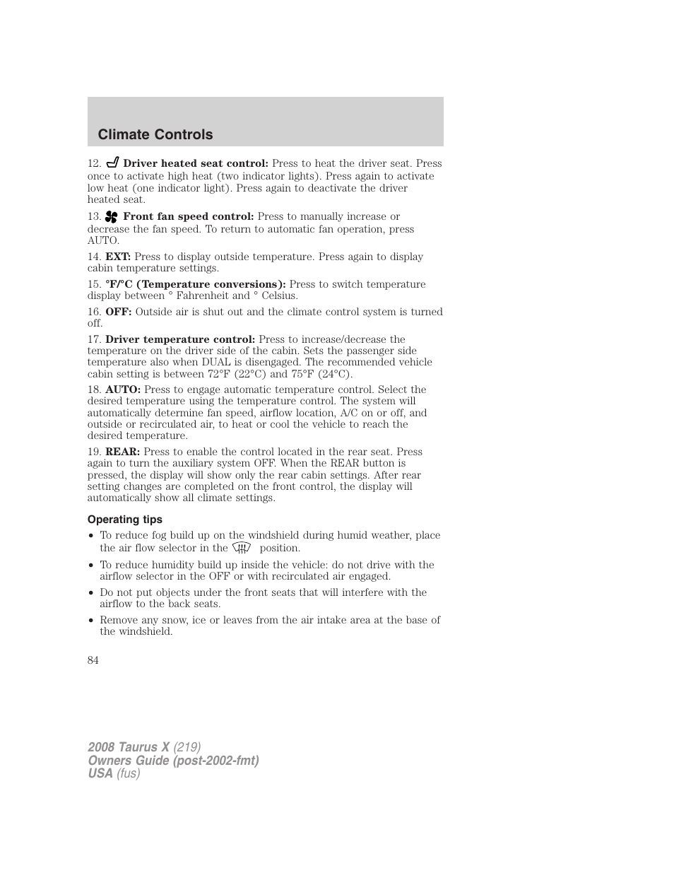 Operating tips, Climate controls | FORD 2008 Taurus X User Manual | Page 84 / 352
