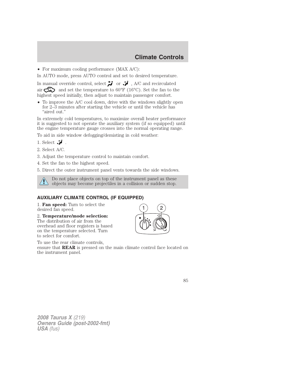 Auxiliary climate control (if equipped), Climate controls | FORD 2008 Taurus X User Manual | Page 85 / 352