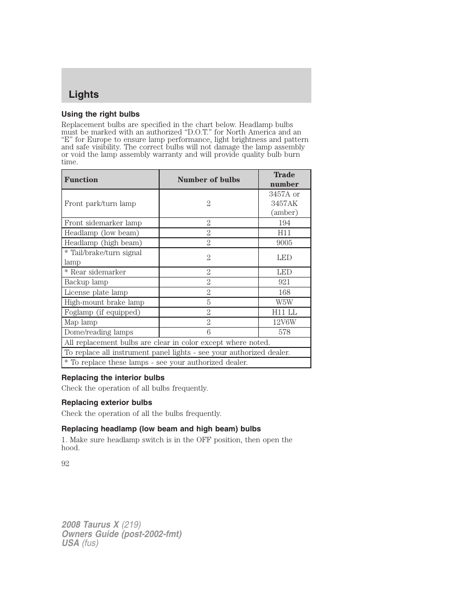 Using the right bulbs, Replacing the interior bulbs, Replacing exterior bulbs | Replacing headlamp (low beam and high beam) bulbs, Lights | FORD 2008 Taurus X User Manual | Page 92 / 352