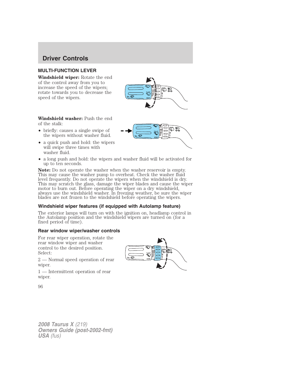 Driver controls, Multi-function lever, Rear window wiper/washer controls | Windshield wiper/washer control | FORD 2008 Taurus X User Manual | Page 96 / 352