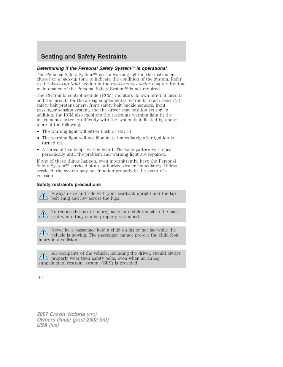 Safety restraints precautions, Seating and safety restraints | FORD 2007 Crown Victoria v.1 User Manual | Page 104 / 264