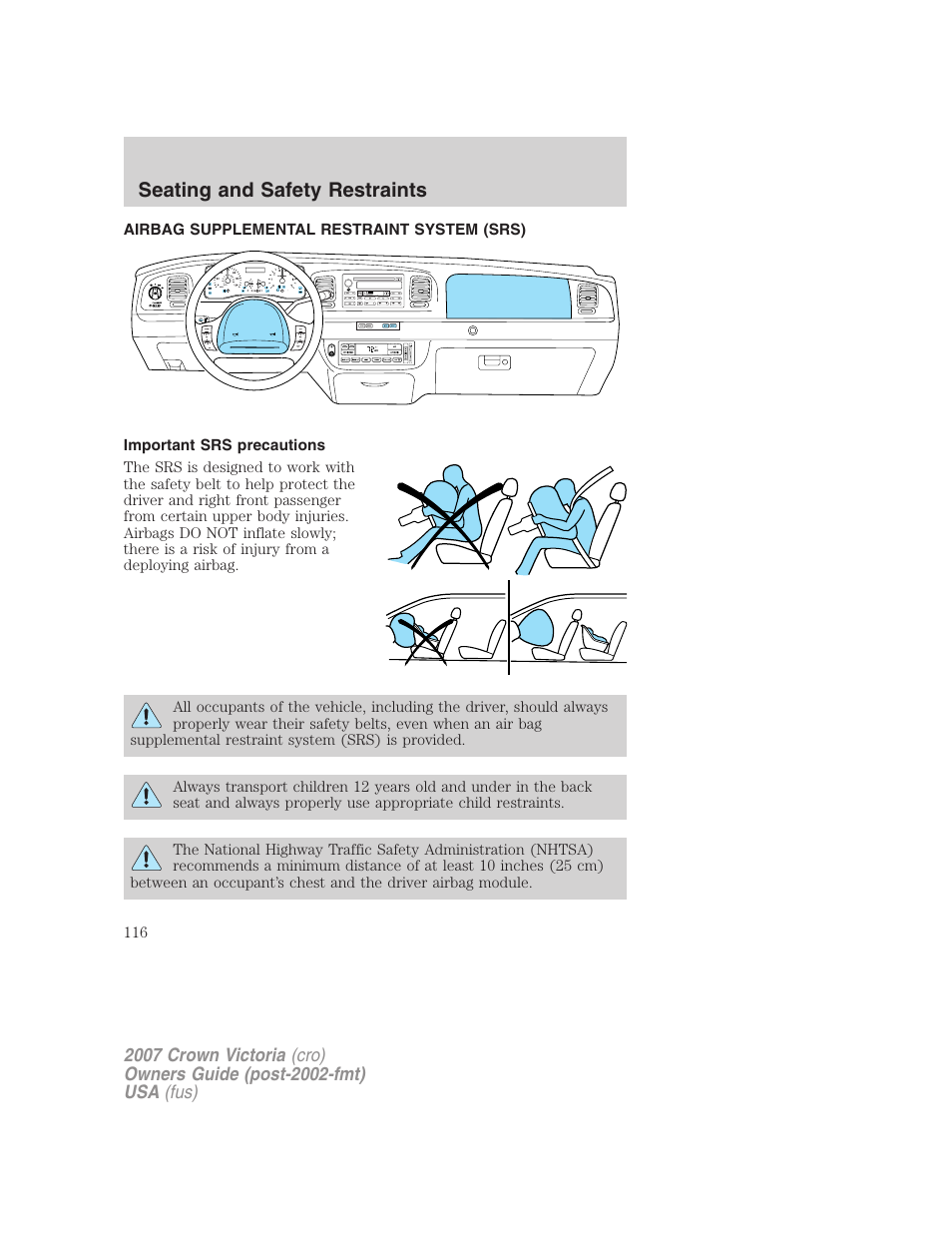 Airbag supplemental restraint system (srs), Important srs precautions, Airbags | Seating and safety restraints | FORD 2007 Crown Victoria v.1 User Manual | Page 116 / 264