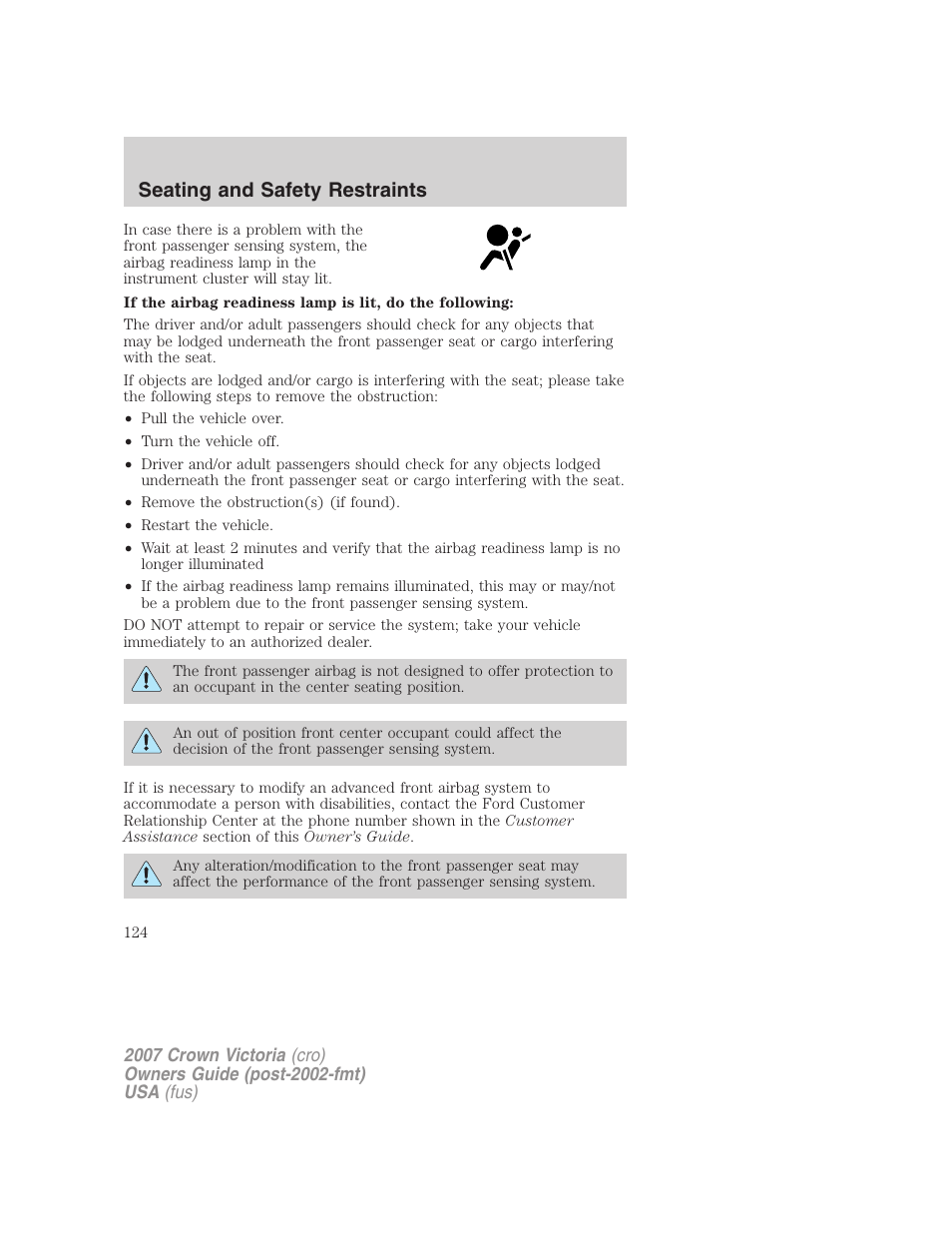 Seating and safety restraints | FORD 2007 Crown Victoria v.1 User Manual | Page 124 / 264