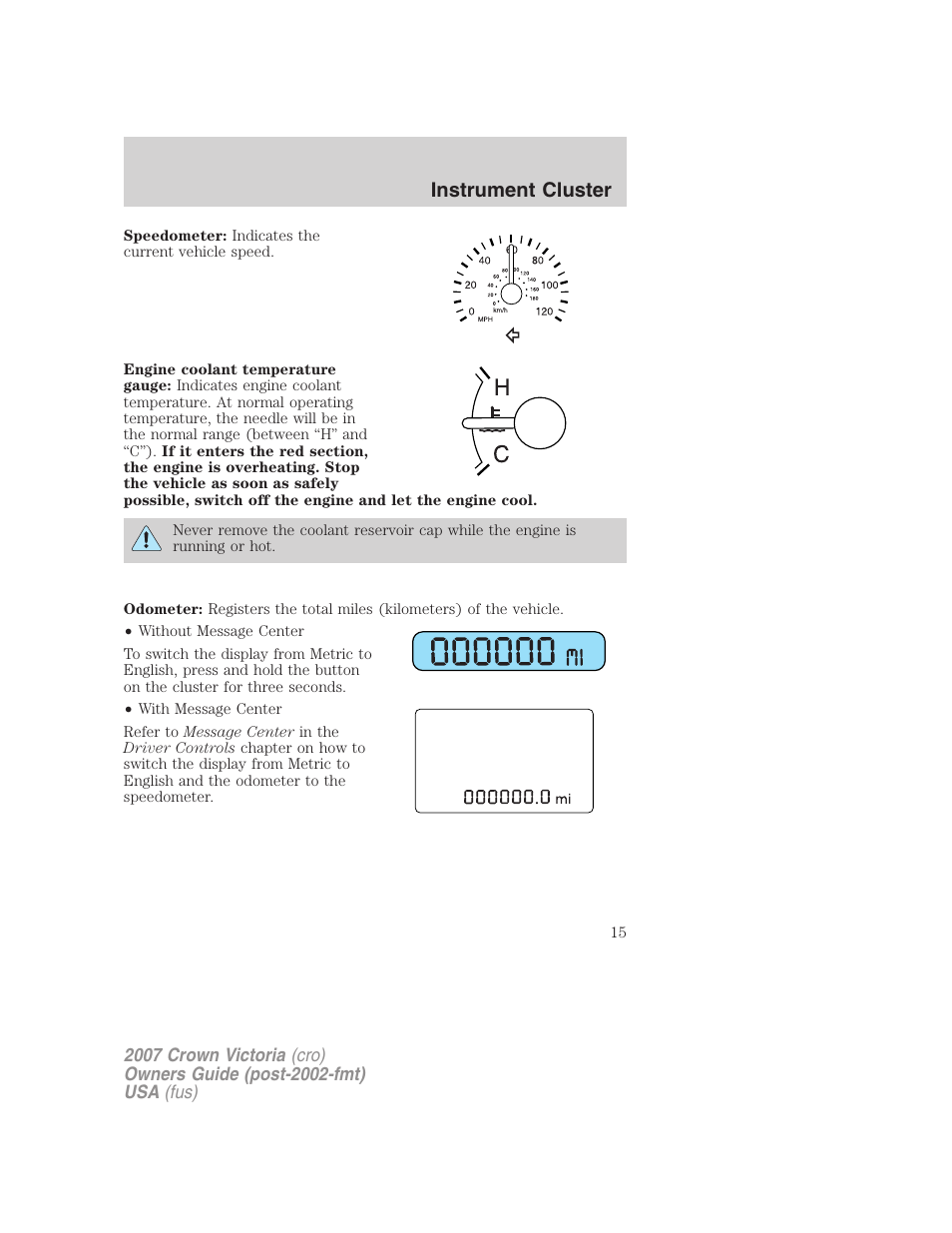 Instrument cluster | FORD 2007 Crown Victoria v.1 User Manual | Page 15 / 264