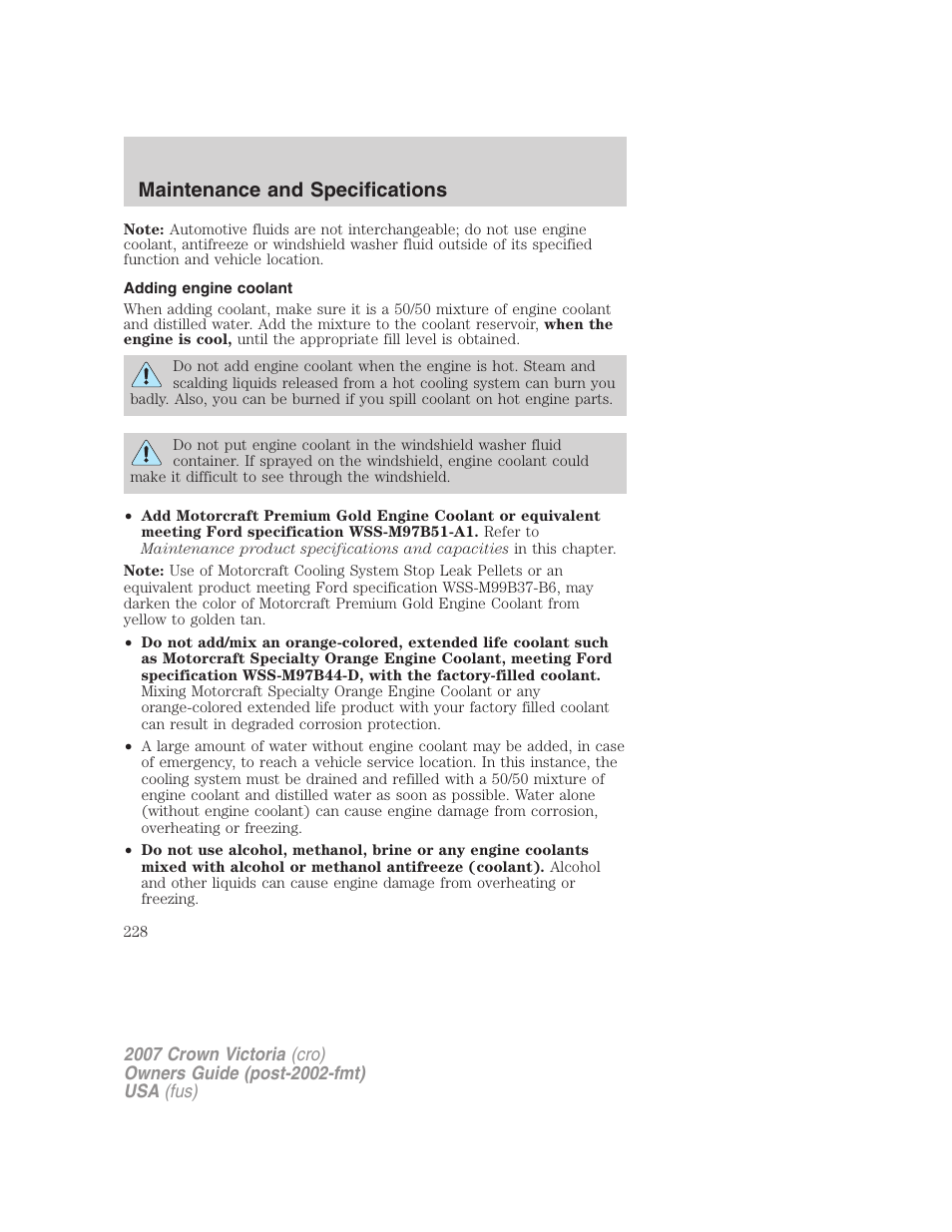 Adding engine coolant, Maintenance and specifications | FORD 2007 Crown Victoria v.1 User Manual | Page 228 / 264