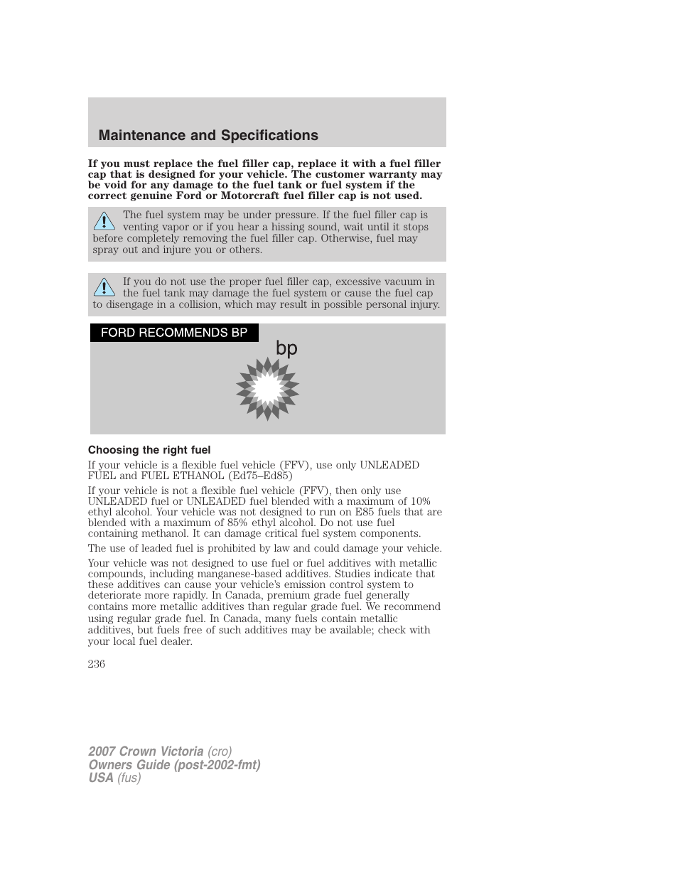 Choosing the right fuel, Maintenance and specifications | FORD 2007 Crown Victoria v.1 User Manual | Page 236 / 264