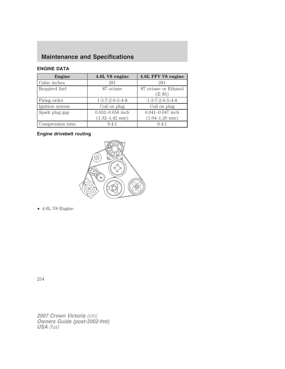 Engine data, Engine drivebelt routing, Maintenance and specifications | FORD 2007 Crown Victoria v.1 User Manual | Page 254 / 264