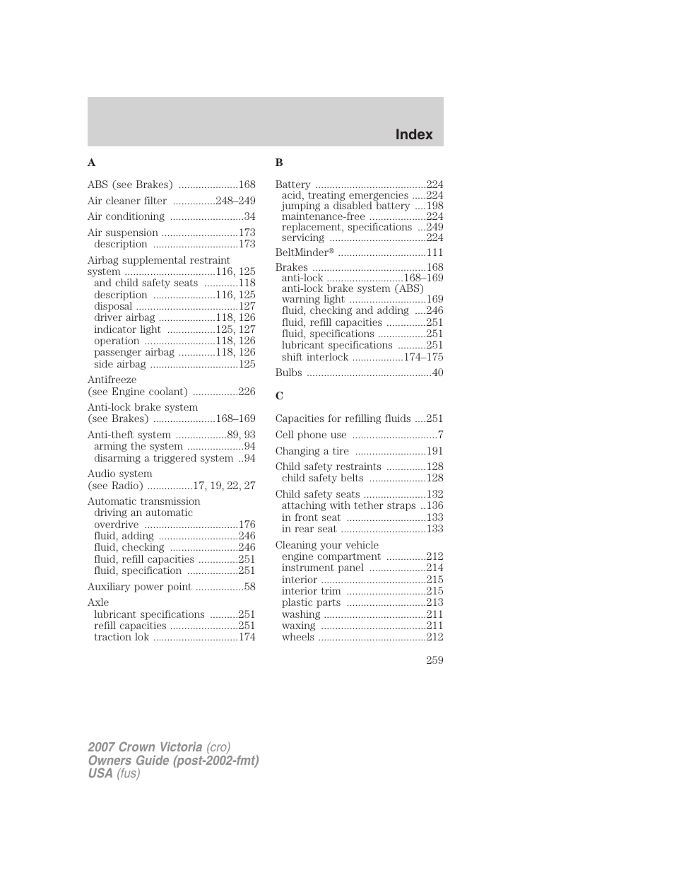 Index | FORD 2007 Crown Victoria v.1 User Manual | Page 259 / 264