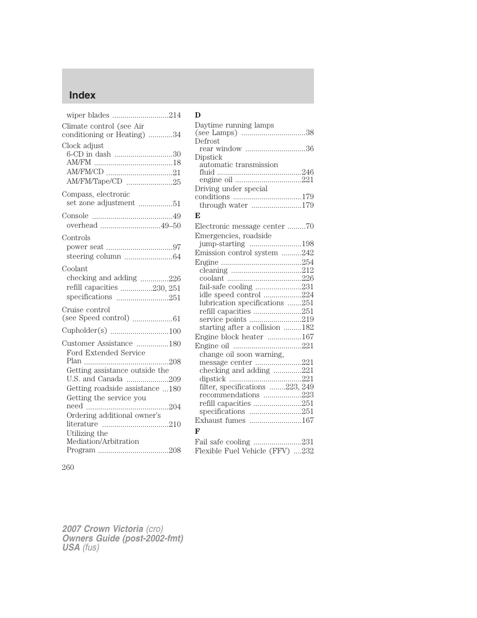 Index | FORD 2007 Crown Victoria v.1 User Manual | Page 260 / 264