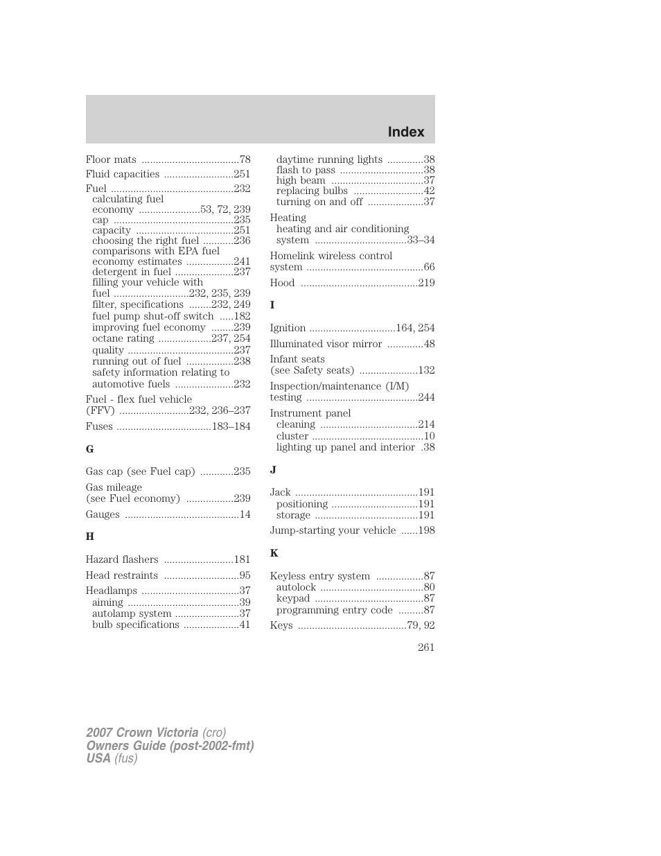 Index | FORD 2007 Crown Victoria v.1 User Manual | Page 261 / 264