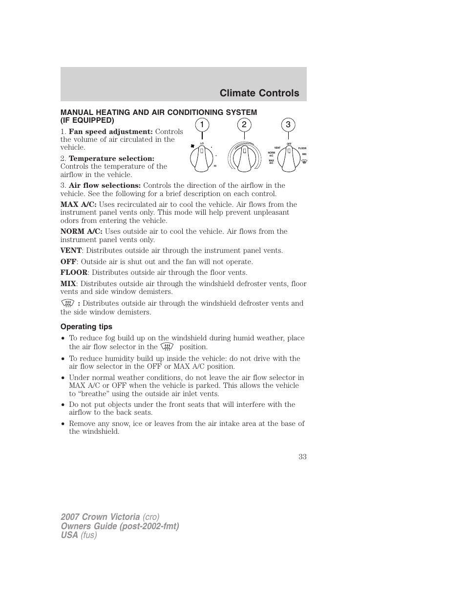 Climate controls, Operating tips, Manual heating and air conditioning | FORD 2007 Crown Victoria v.1 User Manual | Page 33 / 264