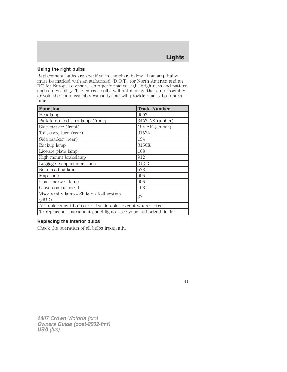 Using the right bulbs, Replacing the interior bulbs, Lights | FORD 2007 Crown Victoria v.1 User Manual | Page 41 / 264