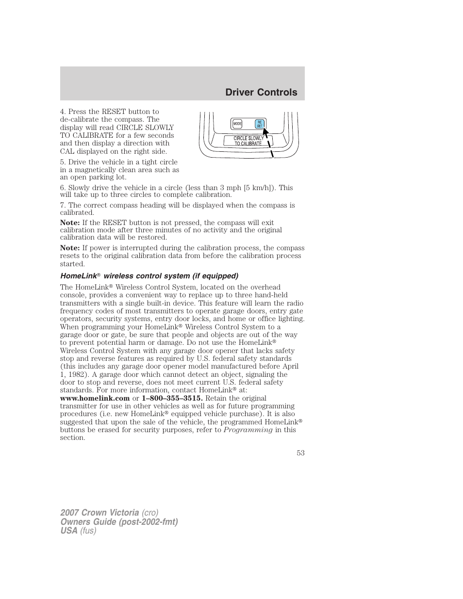 Homelink wireless control system (if equipped), Driver controls | FORD 2007 Crown Victoria v.1 User Manual | Page 53 / 264