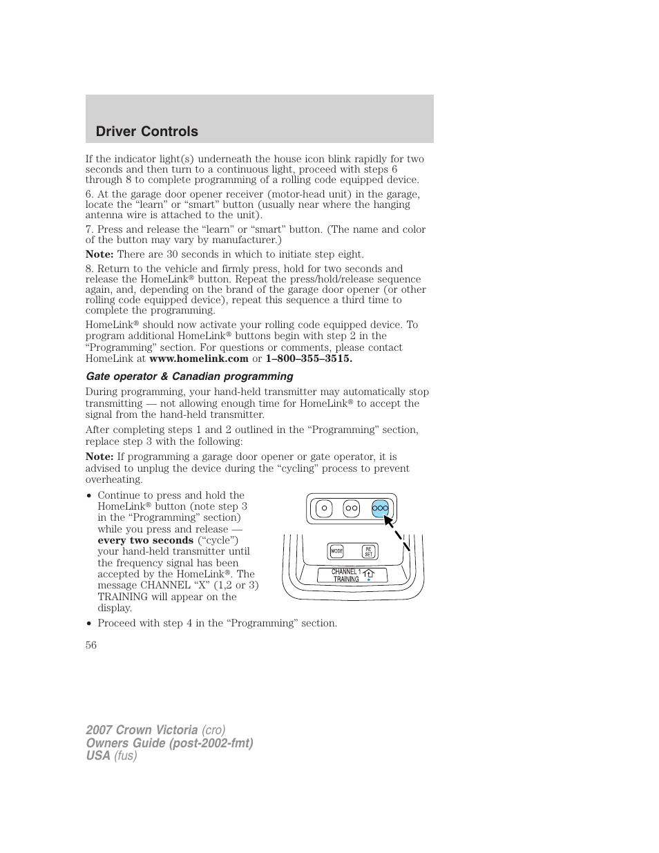 Gate operator & canadian programming, Driver controls | FORD 2007 Crown Victoria v.1 User Manual | Page 56 / 264