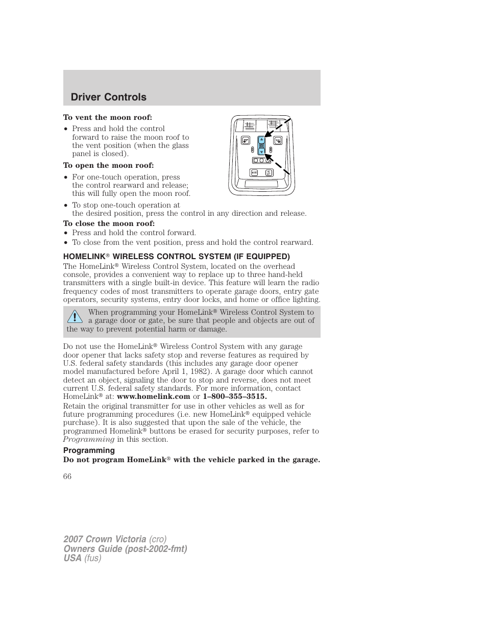 Homelink wireless control system (if equipped), Programming, Driver controls | FORD 2007 Crown Victoria v.1 User Manual | Page 66 / 264