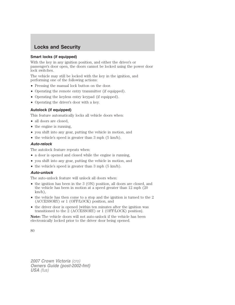 Smart locks (if equipped), Autolock (if equipped), Auto-relock | Auto-unlock, Locks and security | FORD 2007 Crown Victoria v.1 User Manual | Page 80 / 264