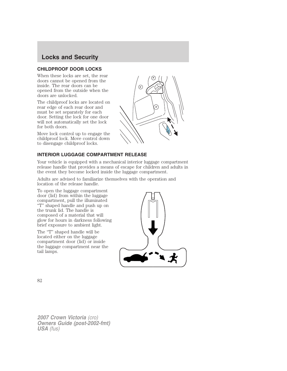 Childproof door locks, Interior luggage compartment release, Locks and security | FORD 2007 Crown Victoria v.1 User Manual | Page 82 / 264