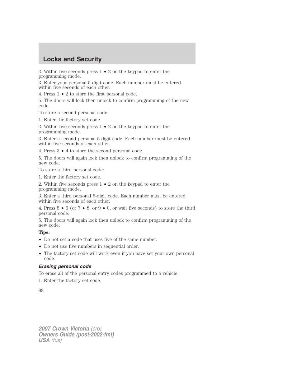 Erasing personal code, Locks and security | FORD 2007 Crown Victoria v.1 User Manual | Page 88 / 264