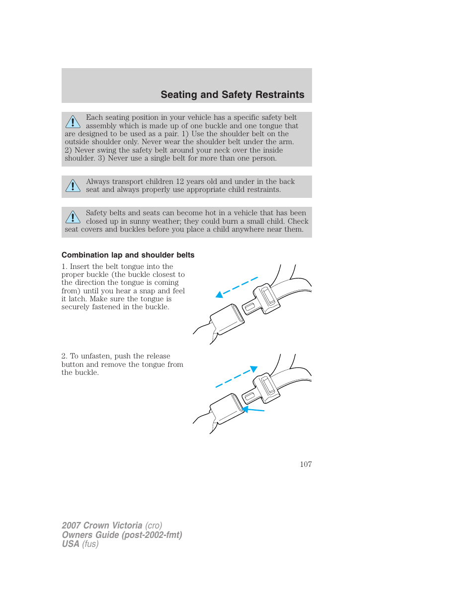 Combination lap and shoulder belts, Seating and safety restraints | FORD 2007 Crown Victoria v.2 User Manual | Page 107 / 272