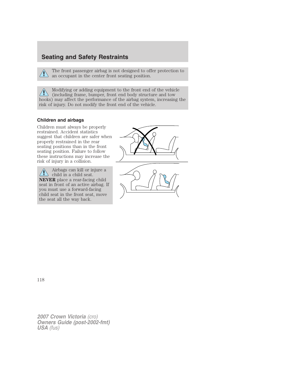 Children and airbags, Seating and safety restraints | FORD 2007 Crown Victoria v.2 User Manual | Page 118 / 272