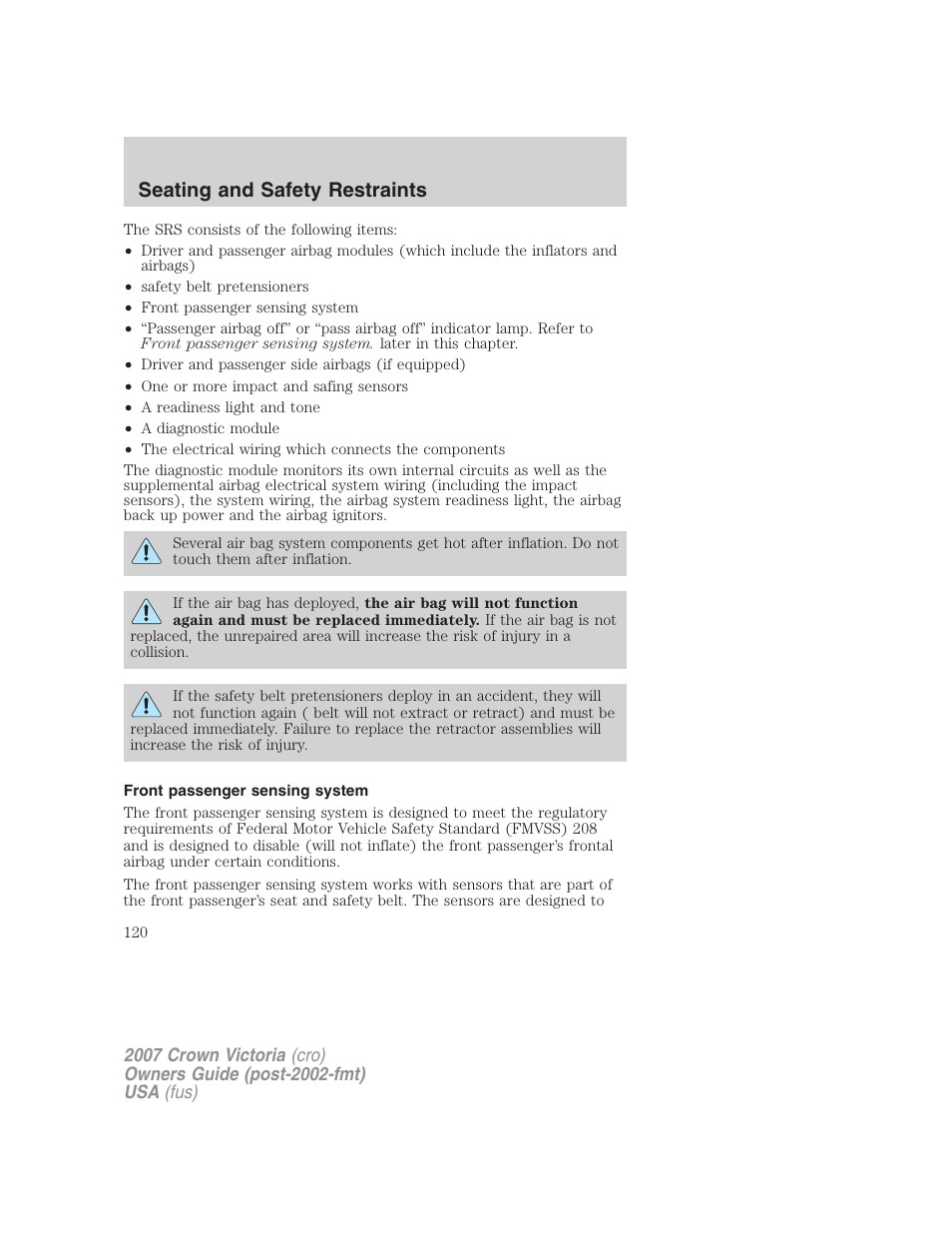 Front passenger sensing system, Seating and safety restraints | FORD 2007 Crown Victoria v.2 User Manual | Page 120 / 272