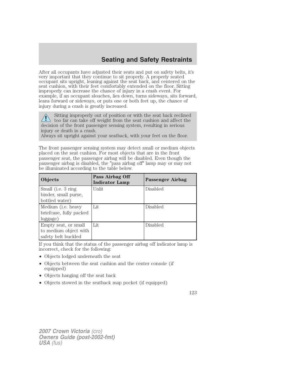 Seating and safety restraints | FORD 2007 Crown Victoria v.2 User Manual | Page 123 / 272