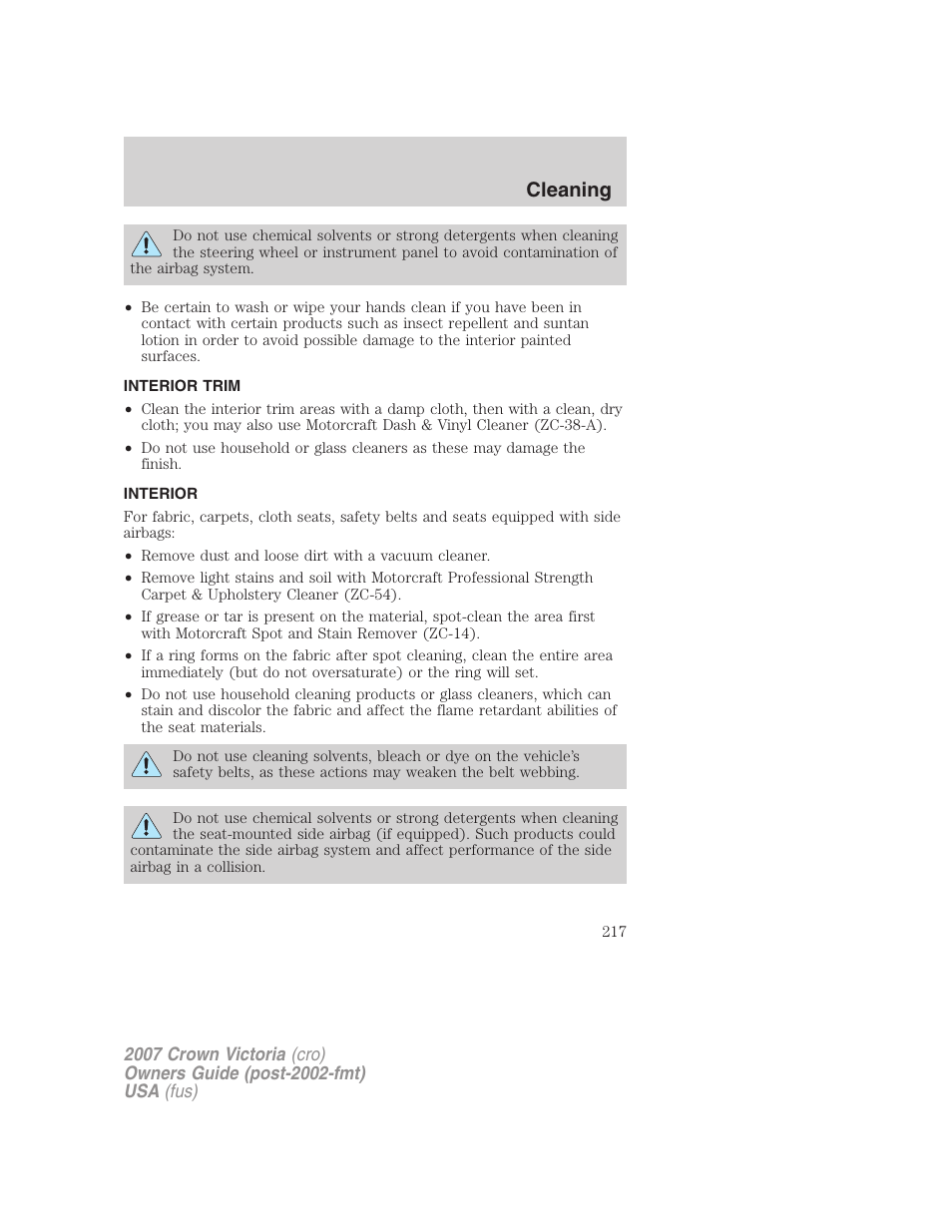 Interior trim, Interior, Cleaning | FORD 2007 Crown Victoria v.2 User Manual | Page 217 / 272