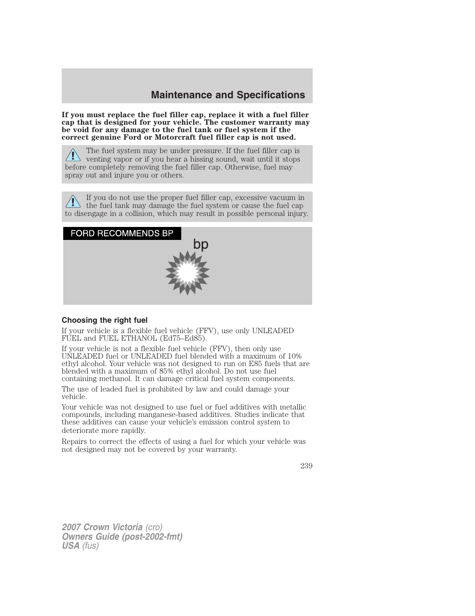 Choosing the right fuel, Maintenance and specifications | FORD 2007 Crown Victoria v.2 User Manual | Page 239 / 272