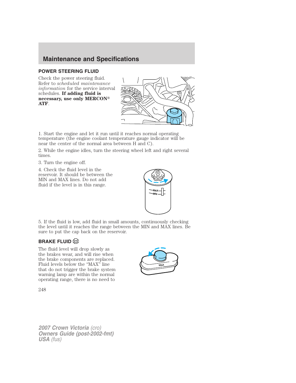 Power steering fluid, Brake fluid, Maintenance and specifications | FORD 2007 Crown Victoria v.2 User Manual | Page 248 / 272