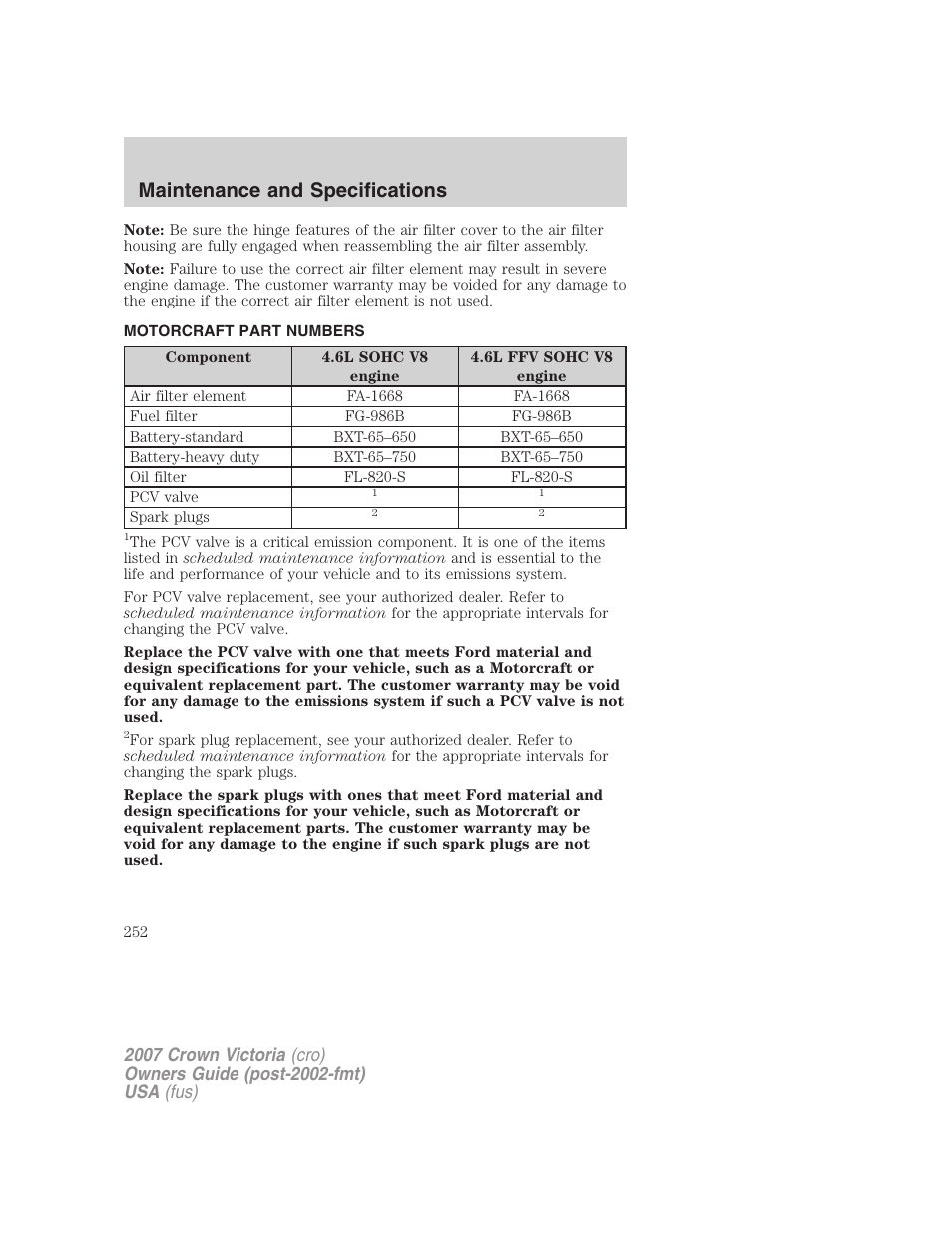 Motorcraft part numbers, Part numbers, Maintenance and specifications | FORD 2007 Crown Victoria v.2 User Manual | Page 252 / 272