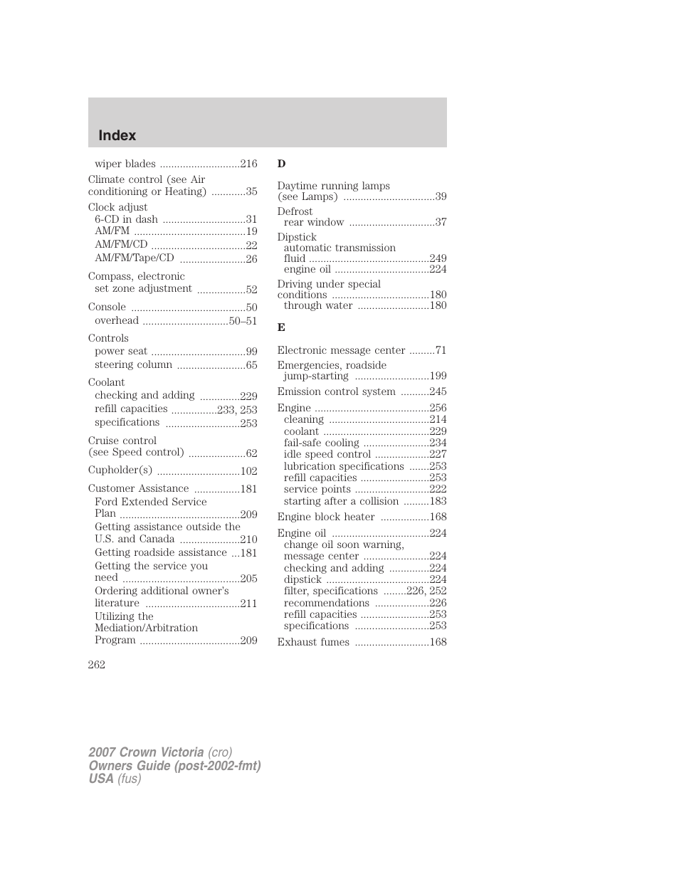 Index | FORD 2007 Crown Victoria v.2 User Manual | Page 262 / 272