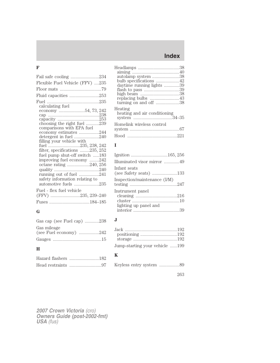 Index | FORD 2007 Crown Victoria v.2 User Manual | Page 263 / 272