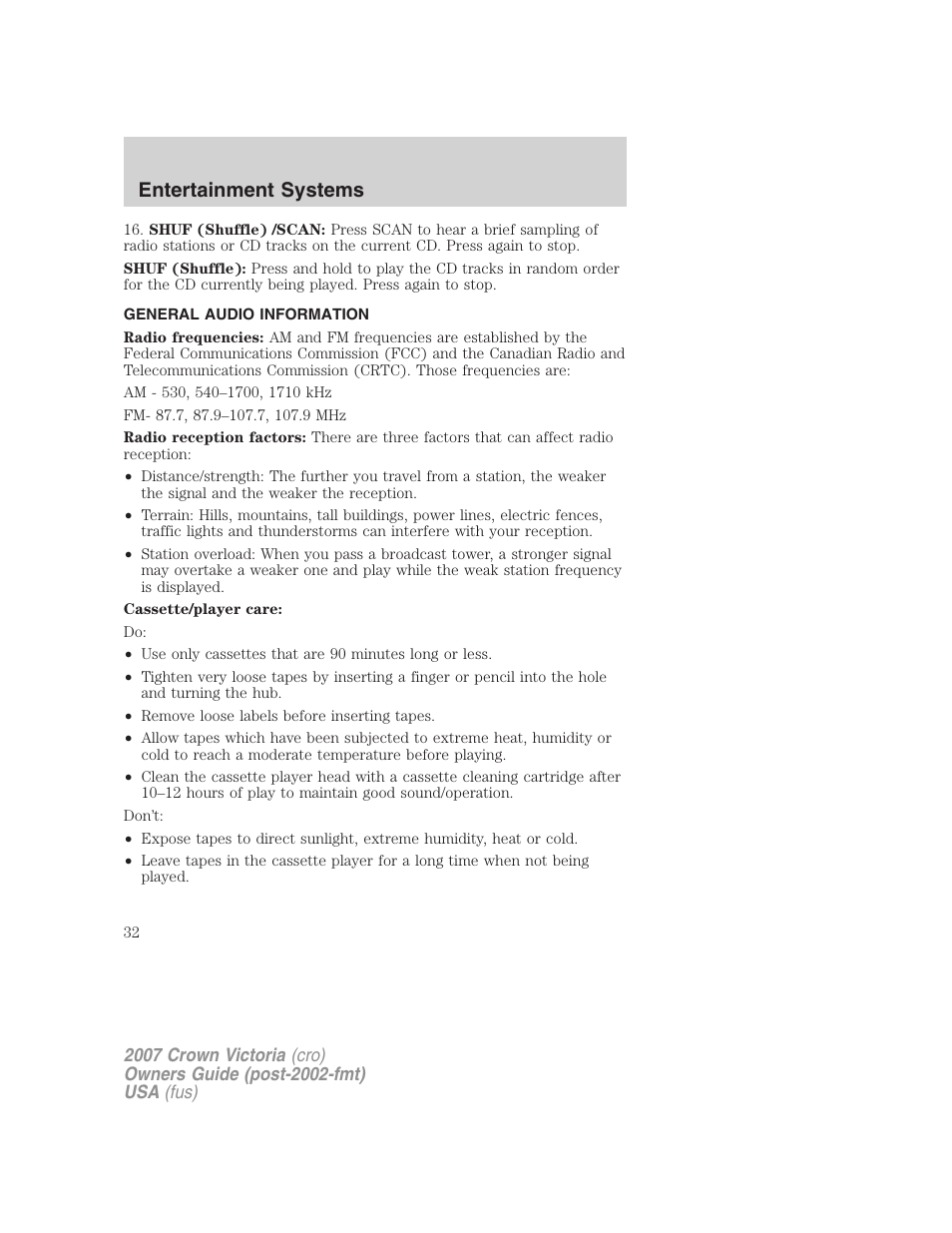 General audio information, Entertainment systems | FORD 2007 Crown Victoria v.2 User Manual | Page 32 / 272