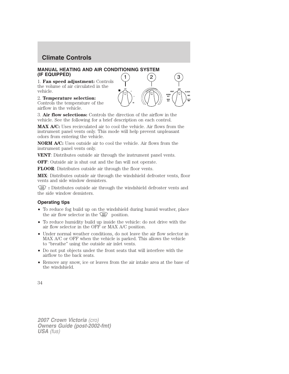 Climate controls, Operating tips, Manual heating and air conditioning | FORD 2007 Crown Victoria v.2 User Manual | Page 34 / 272