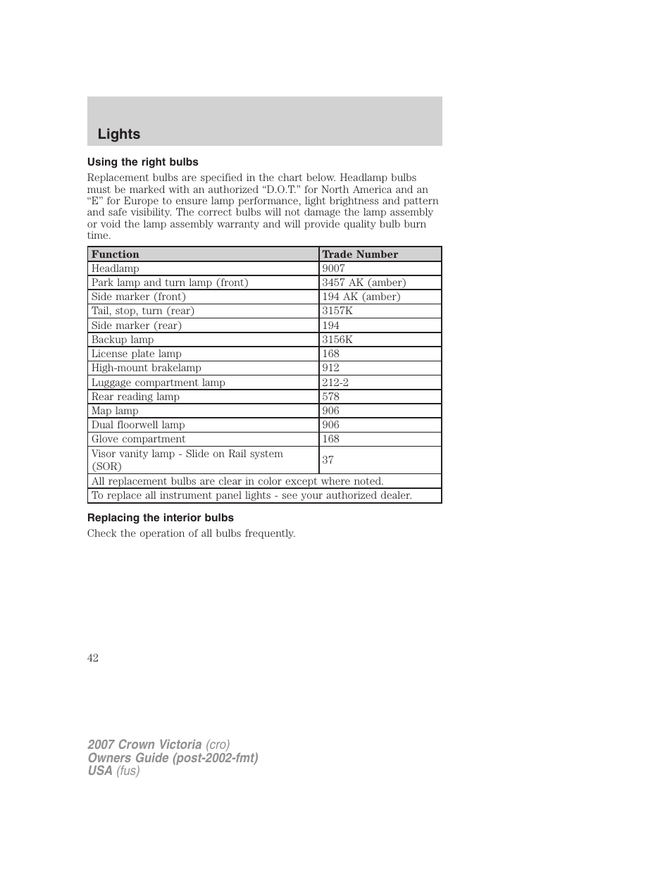 Using the right bulbs, Replacing the interior bulbs, Lights | FORD 2007 Crown Victoria v.2 User Manual | Page 42 / 272