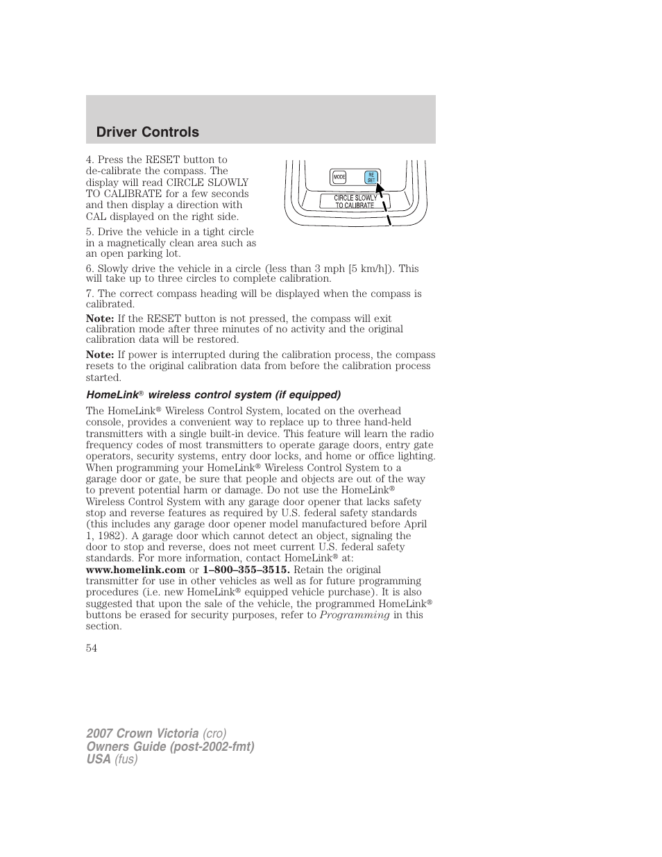 Homelink wireless control system (if equipped), Driver controls | FORD 2007 Crown Victoria v.2 User Manual | Page 54 / 272