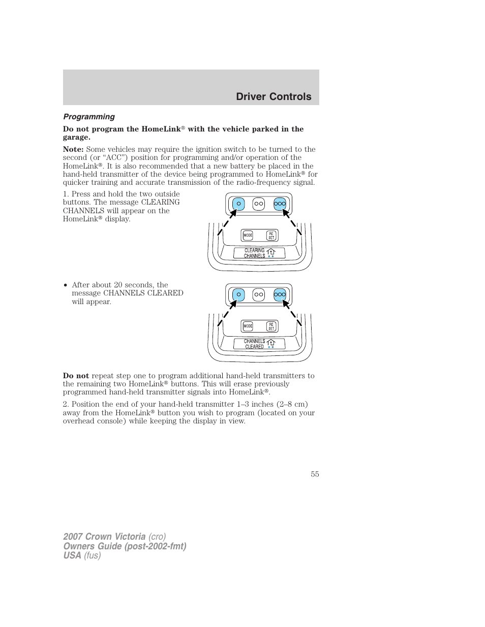 Programming, Driver controls | FORD 2007 Crown Victoria v.2 User Manual | Page 55 / 272