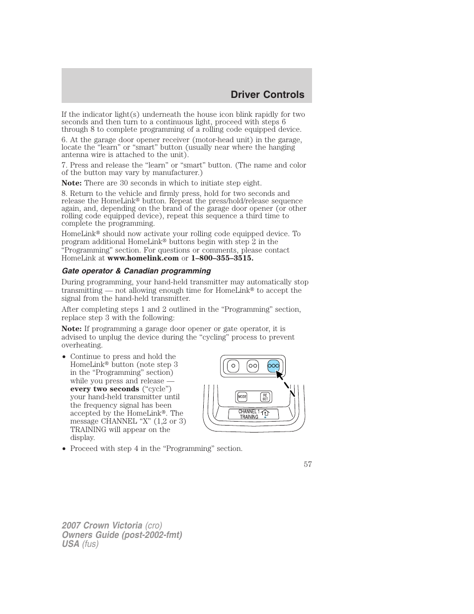 Gate operator & canadian programming, Driver controls | FORD 2007 Crown Victoria v.2 User Manual | Page 57 / 272