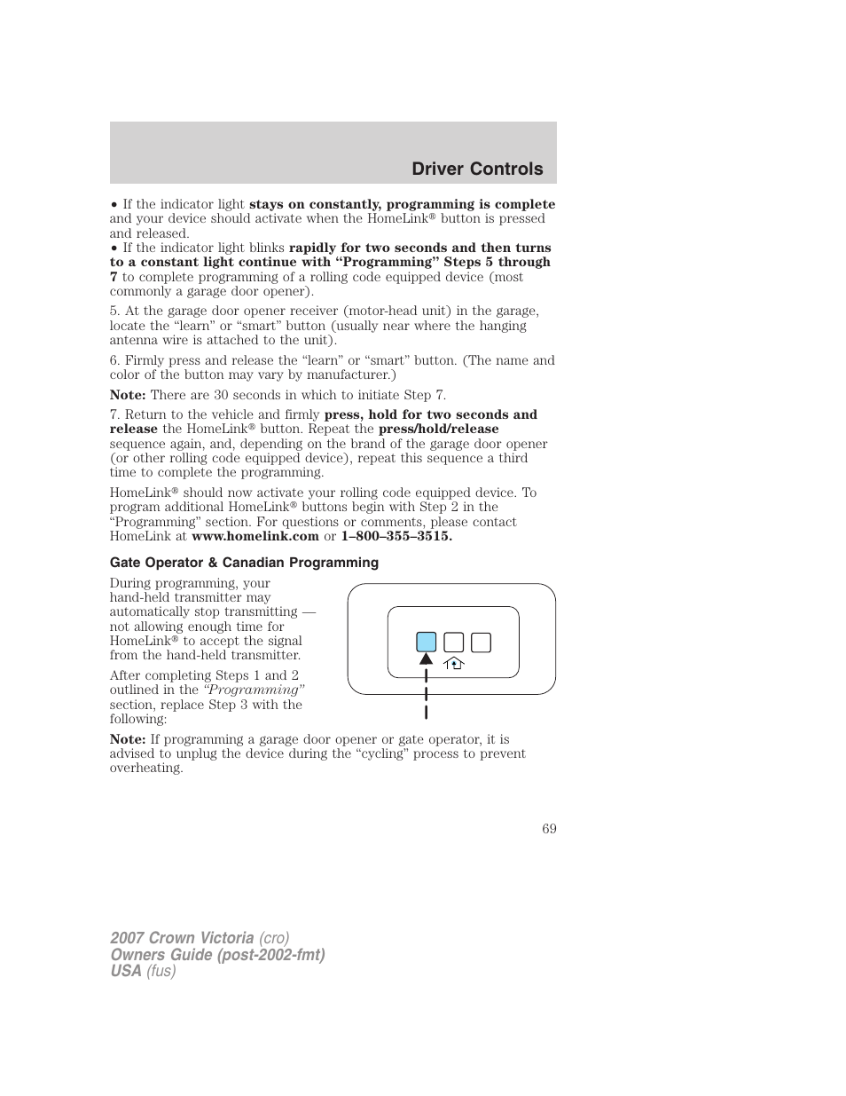 Gate operator & canadian programming, Driver controls | FORD 2007 Crown Victoria v.2 User Manual | Page 69 / 272