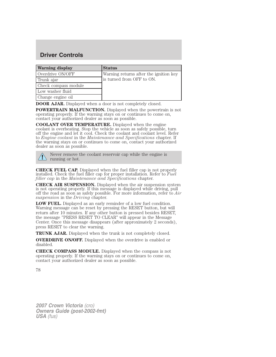 Driver controls | FORD 2007 Crown Victoria v.2 User Manual | Page 78 / 272