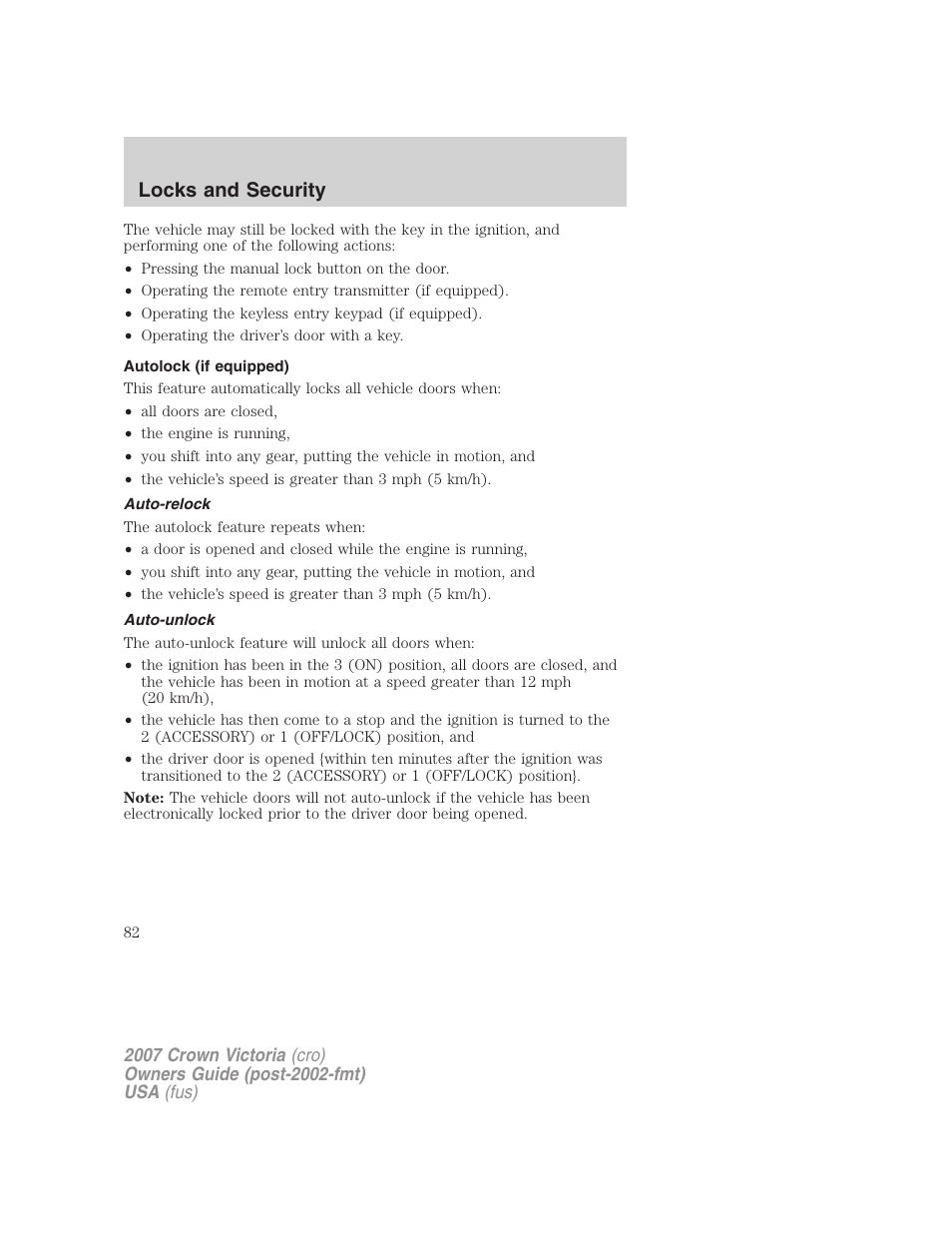 Autolock (if equipped), Auto-relock, Auto-unlock | Locks and security | FORD 2007 Crown Victoria v.2 User Manual | Page 82 / 272