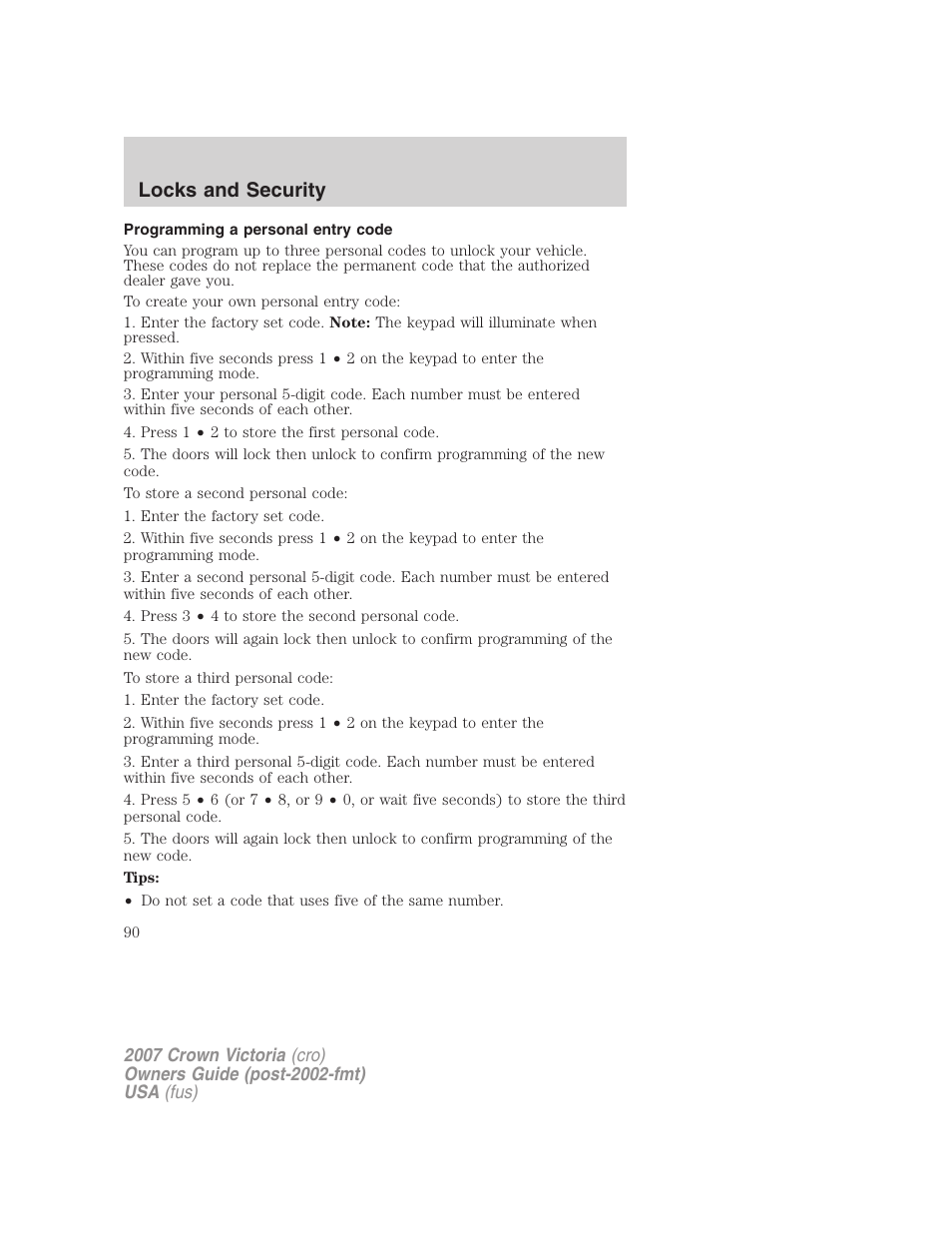 Programming a personal entry code, Locks and security | FORD 2007 Crown Victoria v.2 User Manual | Page 90 / 272