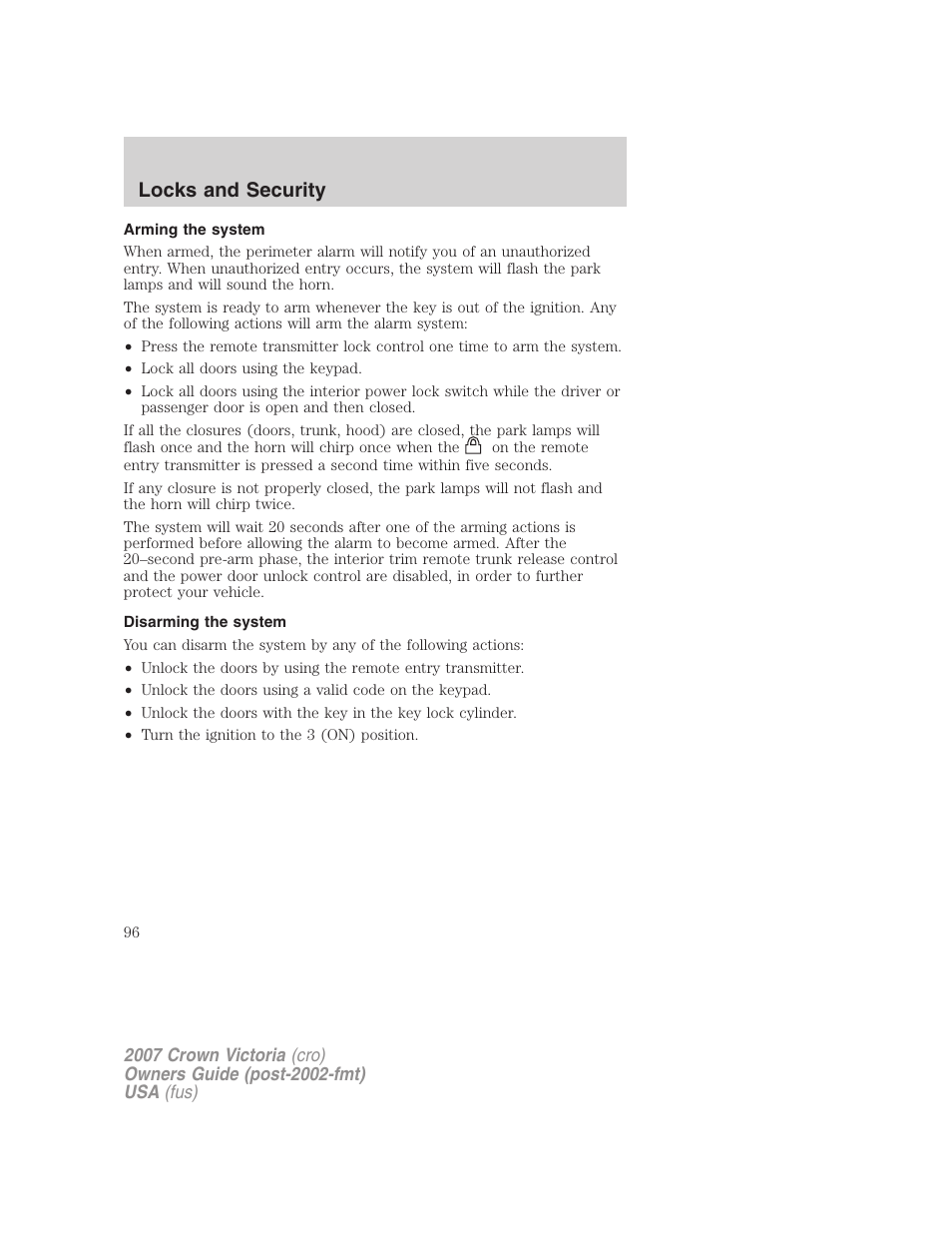 Arming the system, Disarming the system, Locks and security | FORD 2007 Crown Victoria v.2 User Manual | Page 96 / 272