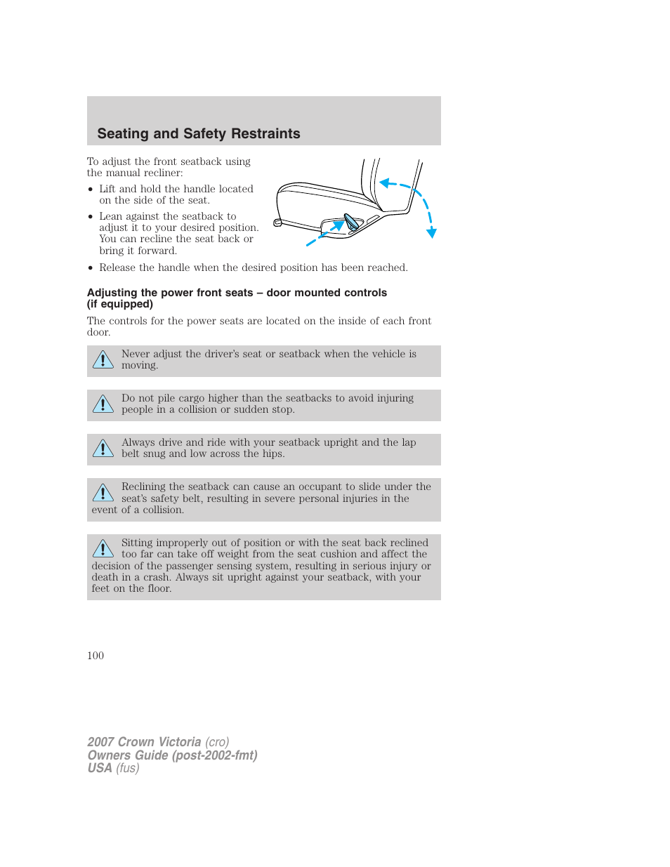 Seating and safety restraints | FORD 2007 Crown Victoria v.3 User Manual | Page 100 / 272