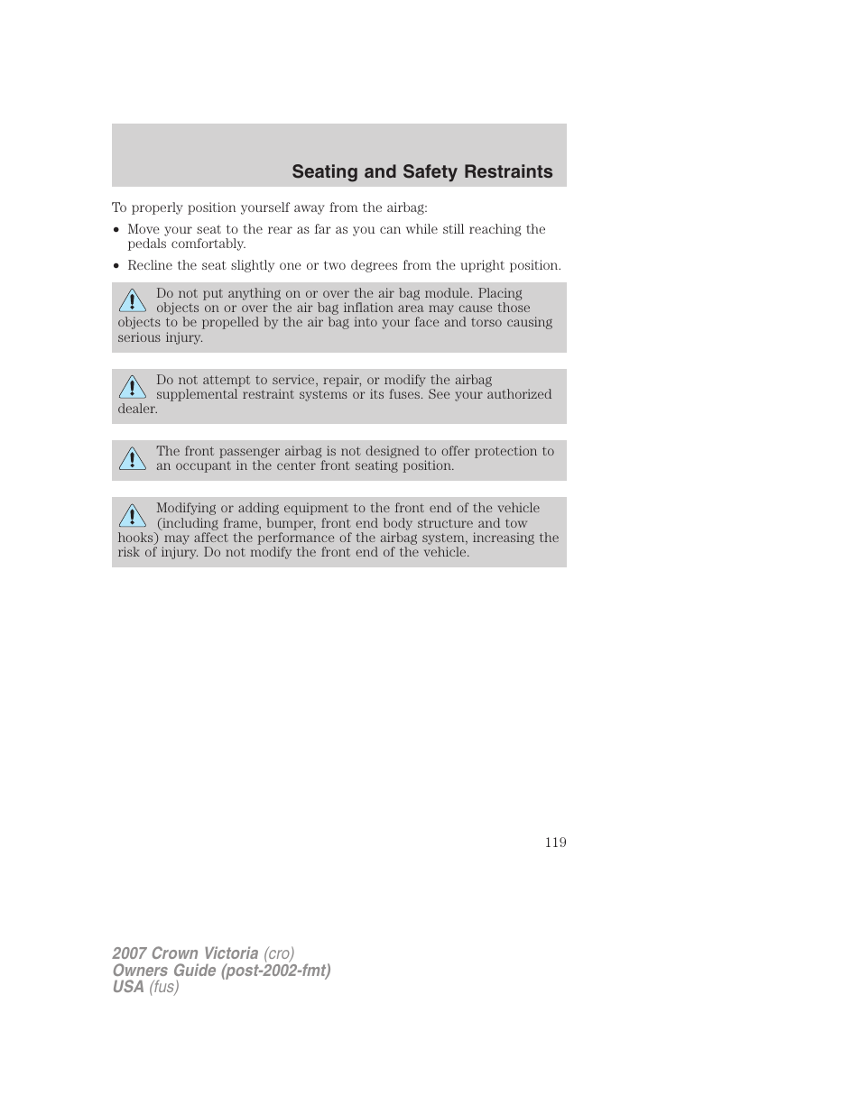 Seating and safety restraints | FORD 2007 Crown Victoria v.3 User Manual | Page 119 / 272