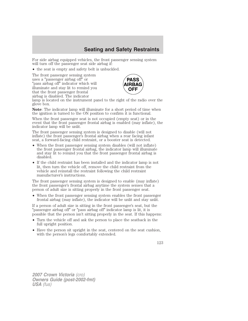 Seating and safety restraints | FORD 2007 Crown Victoria v.3 User Manual | Page 123 / 272