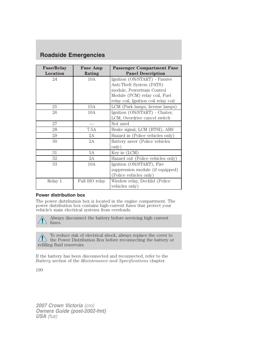 Power distribution box, Roadside emergencies | FORD 2007 Crown Victoria v.3 User Manual | Page 190 / 272